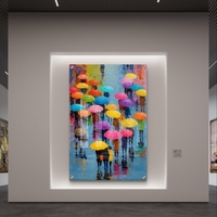 תמונת זכוכית צבעונית עם אנשים תחת מטריות בגוונים חזקים על רקע גשום – תכשיט לבית