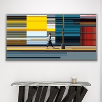 תמונת קנבס מודרנית עם דמות צועדת על רקע קווים צבעוניים מופשטים בגווני צהוב, אדום וטורקיז – NEXTGEN BY BAR