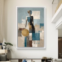 תמונת קנבס עם דמות נשית מופשטת בסגנון גאומטרי, גווני תכלת וחול ועיגול זהוב בעיצוב אלגנטי ומודרני