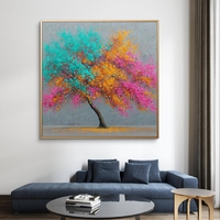 תמונת קנבס מרובעת של עץ אמנותי בצבעי טורקיז, כתום וורוד על רקע אפור מודרני