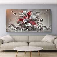 ליליות כרום ארגמן – תמונת זכוכית יוקרתית עם פרחים אדומים־לבנים ואלמנטים כסופים | PN2502