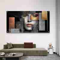 תמונת זכוכית עם דיוקן נשי מפורק בשכבות גאומטריות בגווני שחור, אפור וזהב – תכשיט לבית