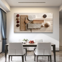 תמונת זכוכית לרוחב בעיצוב אבסטרקטי גאומטרי עם טקסטורות המדמות עץ ואבן בגווני בז׳ וחום, בהדפסה חלקה לעיצוב קיר מודרני ויוקרתי.