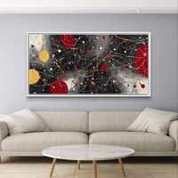 תמונת קנבס אבסטרקטית לרוחב בגווני שחור, אדום וצהוב עם קווים דינמיים ונגיעות זהב