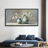 תמונת קנבס טבע דומם עם שני אגרטלים תכלת-ירקרק ופריחה לבנה על רקע אפור אלגנטי