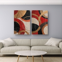 סט תמונות זכוכית זוגי בגווני זהב, אדום, שחור ובז' בעיצוב מעגלי מודרני – תכשיט לבית