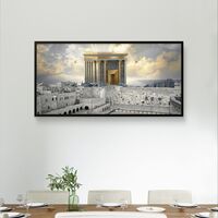 תמונת קנבס לרוחב של בית המקדש מעל ירושלים עם אור זהב שמיימי, עיצוב קדוש ומרומם לבית – מבית תכשיט לבית