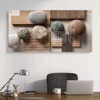 תמונת זכוכית לרוחב עם אבנים טבעיות וטקסטורת עץ בעיצוב מינימליסטי רגוע