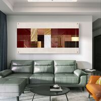 תמונת זכוכית לרוחב בעיצוב אבסטרקטי גאומטרי בגווני בורדו, חום וזהב עם הדפסה חלקה ומראה יוקרתי