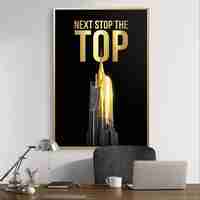 תמונת קנבס לאורך עם מסר מוטיבציה Next Stop The Top בגווני שחור וזהב, הדפסה חלקה ללא תבליט