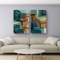 תמונת זכוכית זוגית בעיצוב אבסטרקטי עם שכבות גאומטריות בגווני ירוק, עץ וחומים, מודפסת בהדפסה חלקה ומודרנית