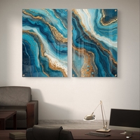תמונת זכוכית זוגית בעיצוב אבסטרקט בגווני טורקיז, כחול וזהב עם זרימה טבעית