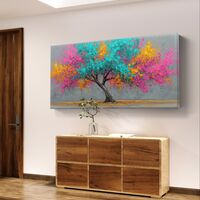 תמונת קנבס לרוחב של עץ צבעוני בגווני טורקיז, ורוד וכתום בעיצוב אומנותי מלא חיים