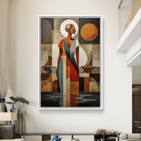 תמונת קנבס עם דמות נשית מופשטת בסגנון גאומטרי בגווני אדמה וכחול בעיצוב אלגנטי ומודרני