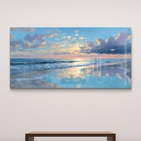 תמונת זכוכית לרוחב של שקיעה מעל הים עם השתקפות מים בגווני כחול וזהב בעיצוב יוקרתי