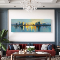 אמנות פנורמית לסלון עם skyline זהוב והשתקפות במים.