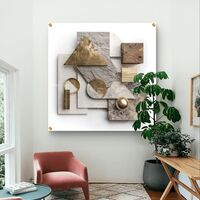 תמונת זכוכית מרובעת עם קומפוזיציה גאומטרית משולבת אבן, עץ ואלמנטים מוזהבים בהדפסה חלקה