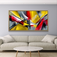 תמונת קנבס אבסטרקטית לרוחב בגווני צהוב, אדום ואפור עם קווים דינמיים ותנועה מודרנית