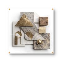 תמונת זכוכית מרובעת עם קומפוזיציה גאומטרית משולבת אבן, עץ ואלמנטים מוזהבים בהדפסה חלקה