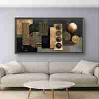 תמונת קנבס אבסטרקטית לרוחב בגווני שחור וזהב עם צורות גאומטריות וטקסטורות יוקרתיות