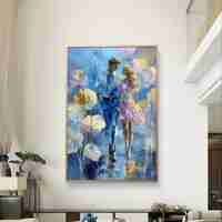 הליכה רומנטית בכחול – תמונת קנבס זוגית בגווני כחול, ורוד וזהב | CY1215