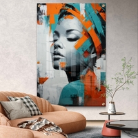 תמונת זכוכית פורטרט מודרני בגווני טורקיז וכתום עם הדפסה חלקה ללא תבליט – תכשיט לבית