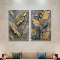 תמונת זכוכית זוגית עם עלים בגווני אפור וזהב בהדפסה חלקה יוקרתית