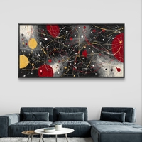 תמונת קנבס אבסטרקטית לרוחב בגווני שחור, אדום וצהוב עם קווים דינמיים ונגיעות זהב