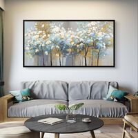 הדמיית סלון עם קנבס עצים פורחים בגווני תכלת ולבן, מראה נקי ויוקרתי