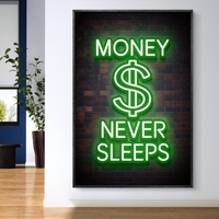 תמונת קנבס לאורך בעיצוב ניאון ירוק עם הכיתוב MONEY NEVER SLEEPS על רקע קיר לבנים