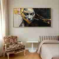 תמונת קנבס לרוחב עם דיוקן נשי בגווני שחור ולבן ונגיעות זהב בעיצוב מודרני ויוקרתי