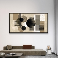 תמונת קנבס לרוחב בעיצוב גאומטרי מודרני בגווני קרם, בז׳ ושחור עם עיגולים וקווים מינימליסטיים לסלון.