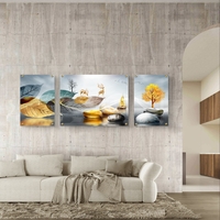 תמונת זכוכית מחולקת עם עלים מוזהבים, איילים, עץ וסירה בעיצוב טבעי מודרני