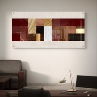 תמונת זכוכית לרוחב בעיצוב אבסטרקטי גאומטרי בגווני בורדו, חום וזהב עם הדפסה חלקה ומראה יוקרתי
