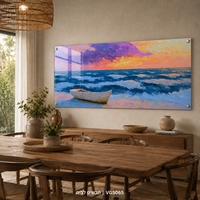 סירת שקיעה רגועה – תמונת זכוכית לרוחב נוף ים לסלון | VG5065