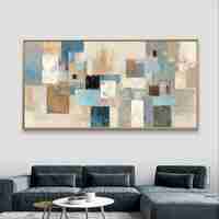 תמונת קנבס לרוחב בעיצוב אבסטרקטי גאומטרי בגווני תכלת, אפור ושמנת לסלון מודרני