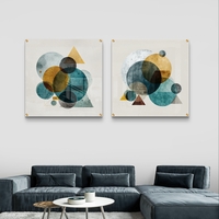 סט תמונות זכוכית מרובעות בגווני טורקיז וחרדל עם צורות גאומטריות — תכשיט לבית