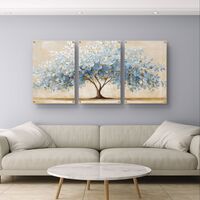 סט שלישייה של תמונות זכוכית עם עץ אבסטרקטי רחב בגווני תכלת, שמנת וזהב בעיצוב מודרני ורגוע