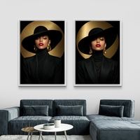 תמונת קנבס זוגית עם דמות נשית יוקרתית בכובע שחור ונגיעות זהב בעיצוב אופנתי מודרני