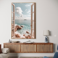 תמונת קנבס חלון לים בגווני טורקיז ובז’ – מתוך קולקציית NEXTGEN BY BAR של תכשיט לבית, בעיצוב יוקרתי והדפסה חלקה ואיכותית.