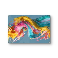 תמונת זכוכית אבסטרקטית עם גל צבעים דינמי בגווני טורקיז, צהוב וורוד בעיצוב מודרני