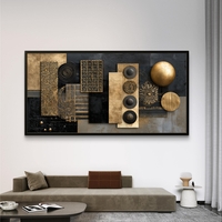 תמונת קנבס אבסטרקטית לרוחב בגווני שחור וזהב עם צורות גאומטריות וטקסטורות יוקרתיות