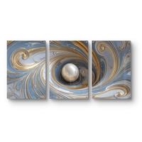 סט שלישייה של תמונות זכוכית אבסטרקטיות בגווני תכלת, לבן וזהב עם כדור מרכזי ועיצוב מודרני