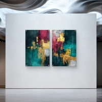 תמונת זכוכית זוגית אבסטרקטית בגווני טורקיז ובורדו עם נגיעות זהב, הדפסה חלקה ללא תבליט