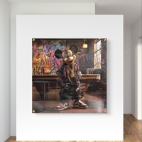 תמונת זכוכית מרובעת עם דמות מיקי בסגנון רחוב אורבני ורקע גרפיטי צבעוני, הדפסה חלקה ללא תבליט