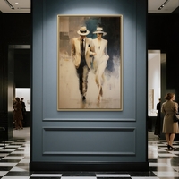 תמונת קנבס אנכית של זוג אלגנטי הולך יחד בגווני שמנת כחול ואפור