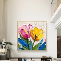 תמונת קנבס מרובעת עם פרחים ורודים וצהובים בסגנון אימפסטו על רקע בהיר