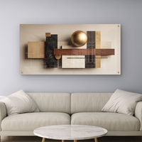 תמונת זכוכית לרוחב בעיצוב גאומטרי מודרני עם כדור זהב, עץ ושיש מתוך קולקציית תכשיט לבית.