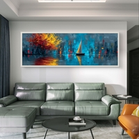 תמונת קנבס פנורמית של עיר כחולה עם עץ שלכת וסירה עם מפרש זהוב.