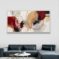 תמונת קנבס לרוחב בסגנון אבסטרקט עם מעגלים וקווים עדינים בגוונים חמים של אדום, בז’ וחרדל, לעיצוב סלון מודרני